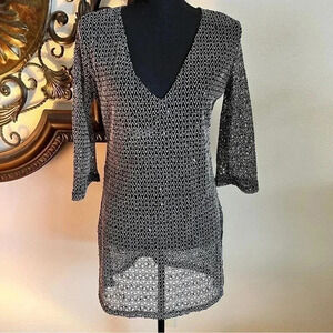 J Valdi Black White Zig Zigzag Crocheted V-Neck Beach Coverup with Black Sequins